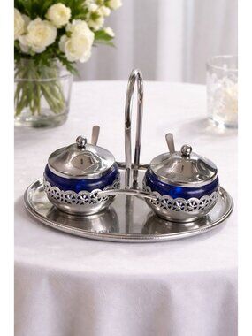 Mayell England Cobalt Blue Glass Double Condiment Jam Jar Set Silverplate 9 1/2"